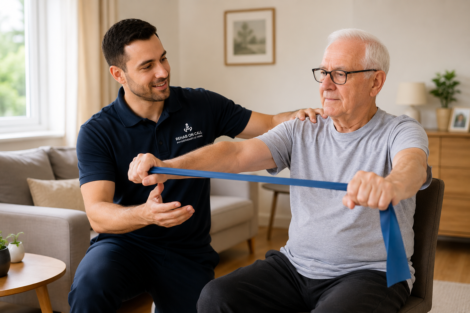 A physiotherapist assists a senior man with resistance band exercises during an at-home physical therapy session.