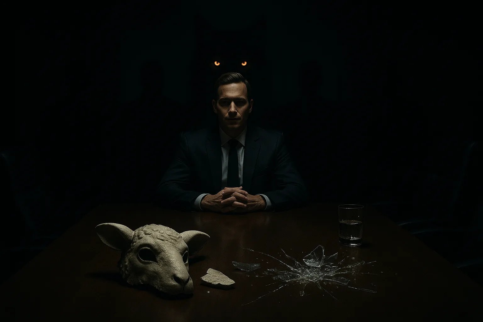 Wilk z czaszką owcy w firmowym kontekście – metafora drapieżnej hierarchii i ofiar w świecie korporacji