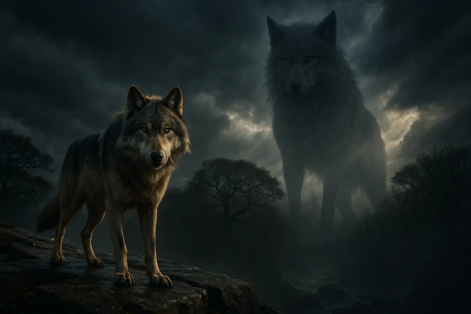 Eteryczny wilk-duch w mgle – symbol intuicji, wewnętrznej siły i obecności archetypu w ludzkiej psychice