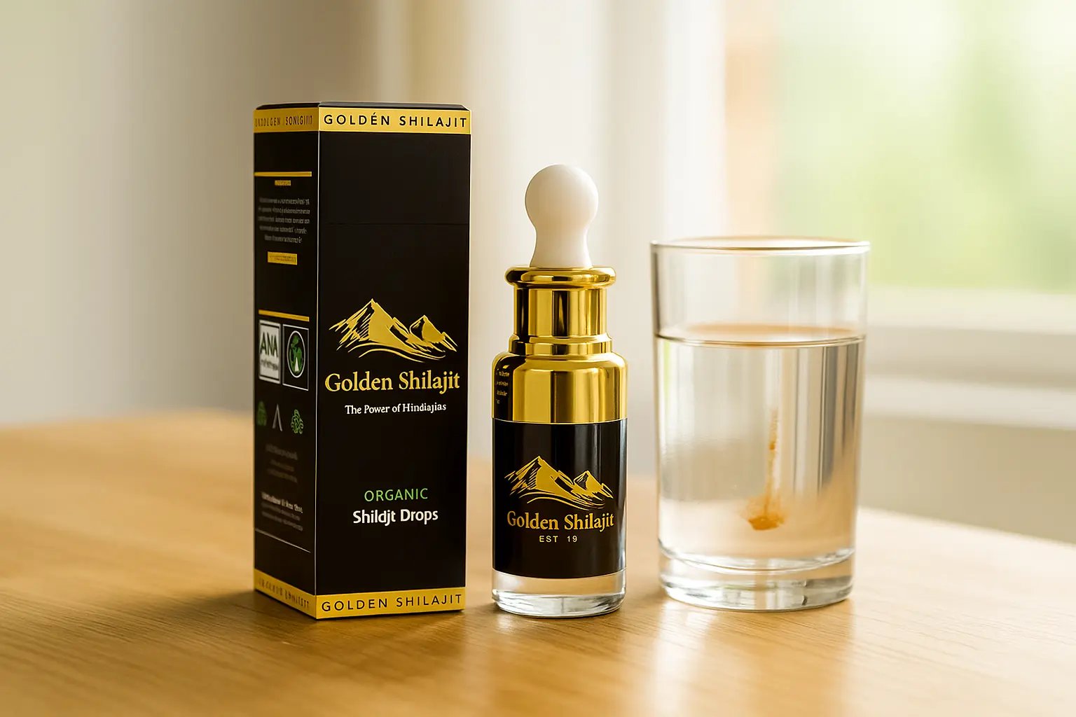 a glass of water with golden shilajit drops