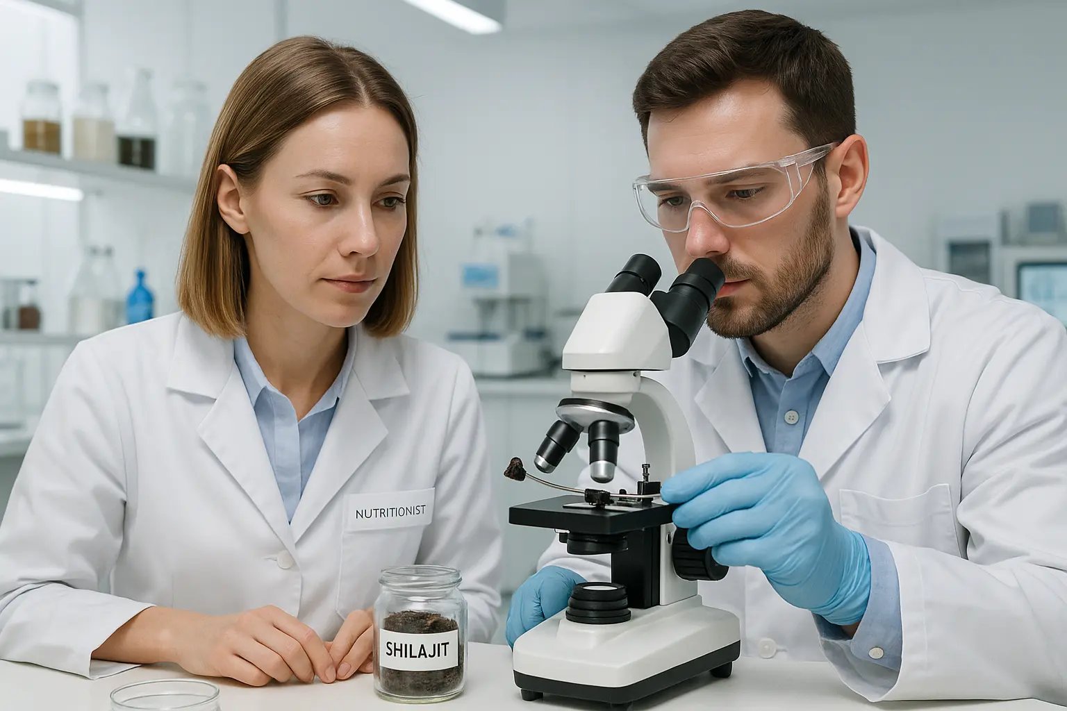 a man and woman in lab coats looking at a microscope for shilajit testing