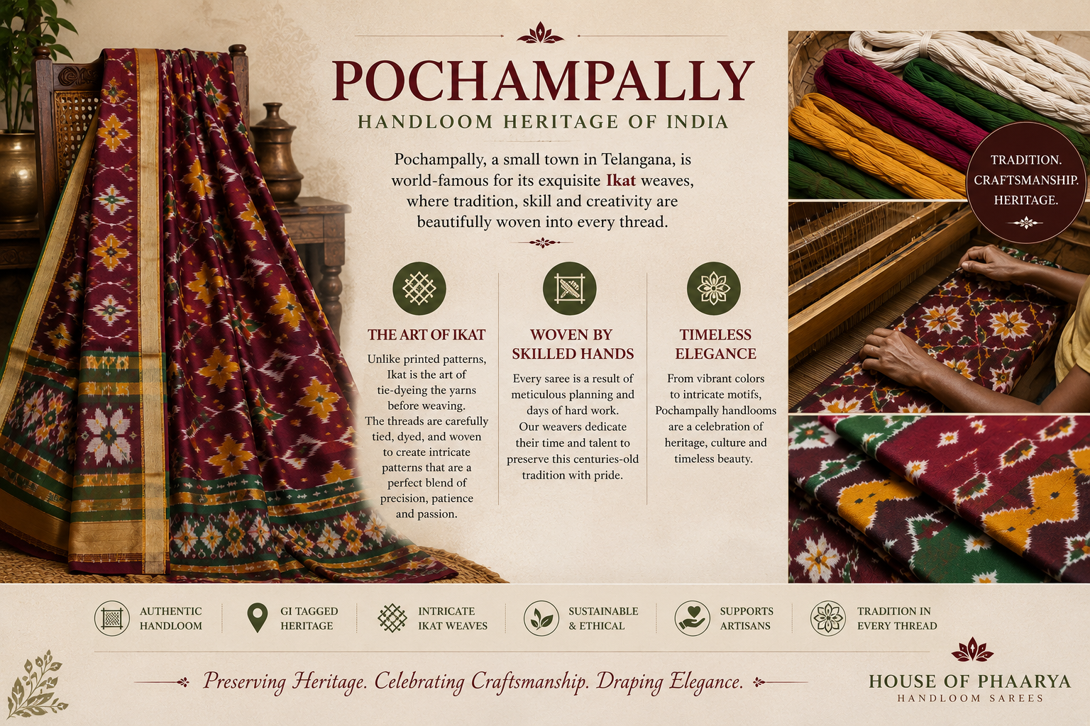 Traditional Pochampally Ikat silk saree showcasing intricate handloom weaving patterns and Indian heritage textiles.