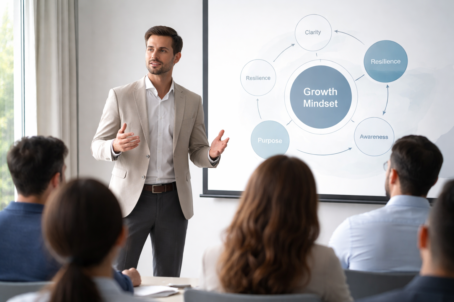 Professional thought leader delivering mindset transformation and emotional leadership training in a modern workshop setting