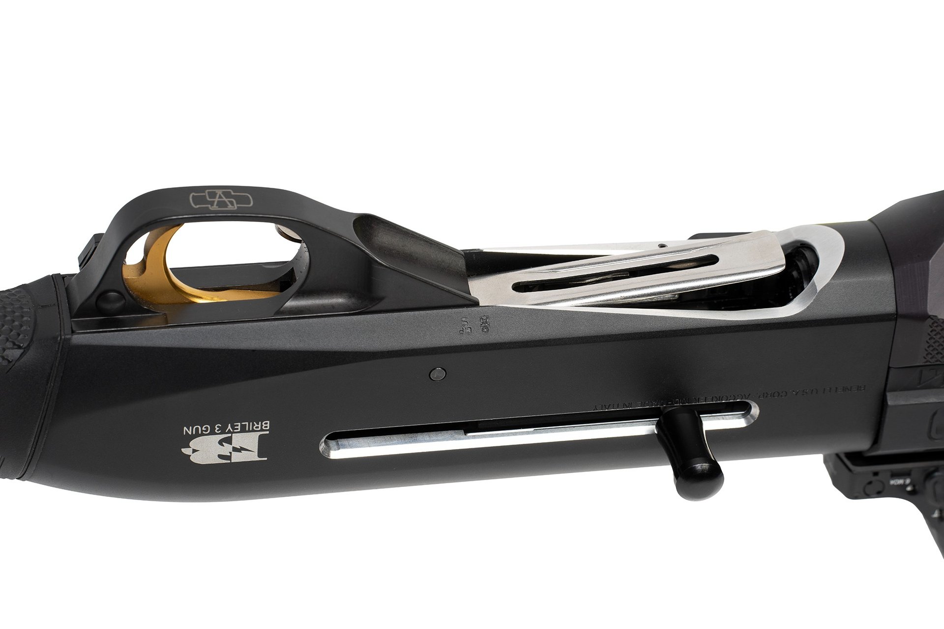 Custom bearbeitete Selbstladeflinte mit ausgefrästem Ladefenster und auf links umgebauten Ladehebel