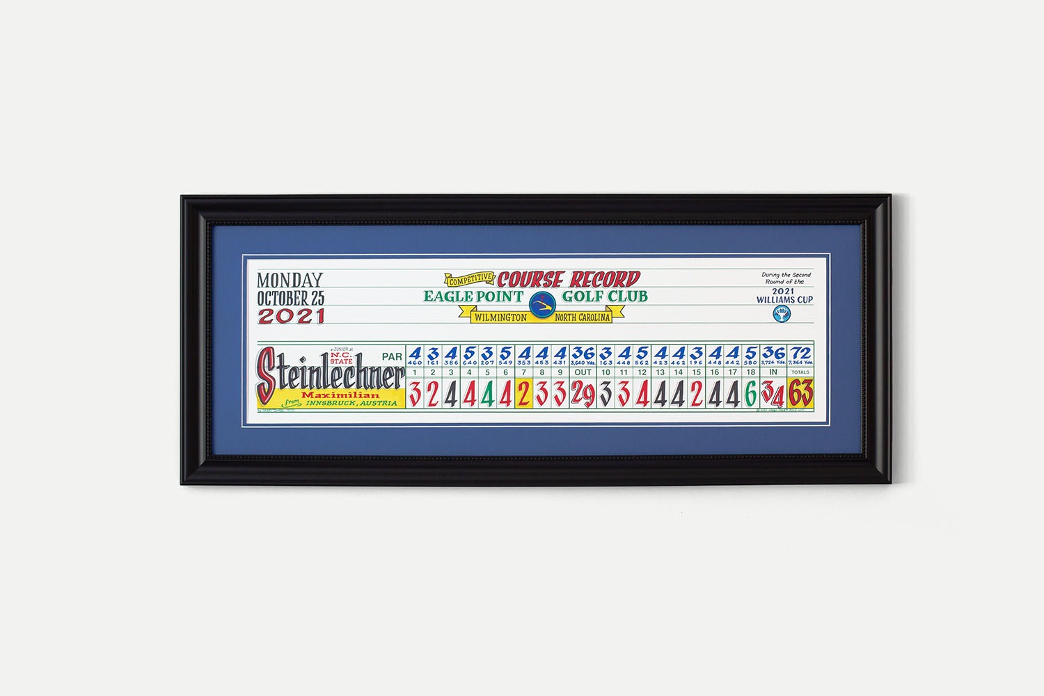 A framed piece of scorecard artwork for the course record at Eagle Point Golf Club.