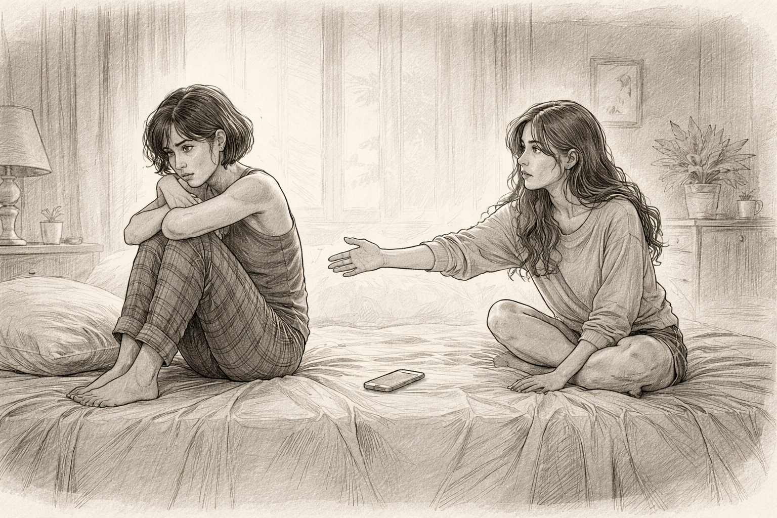 Pencil sketch of two women sitting apart, showing anxious and avoidant attachment.