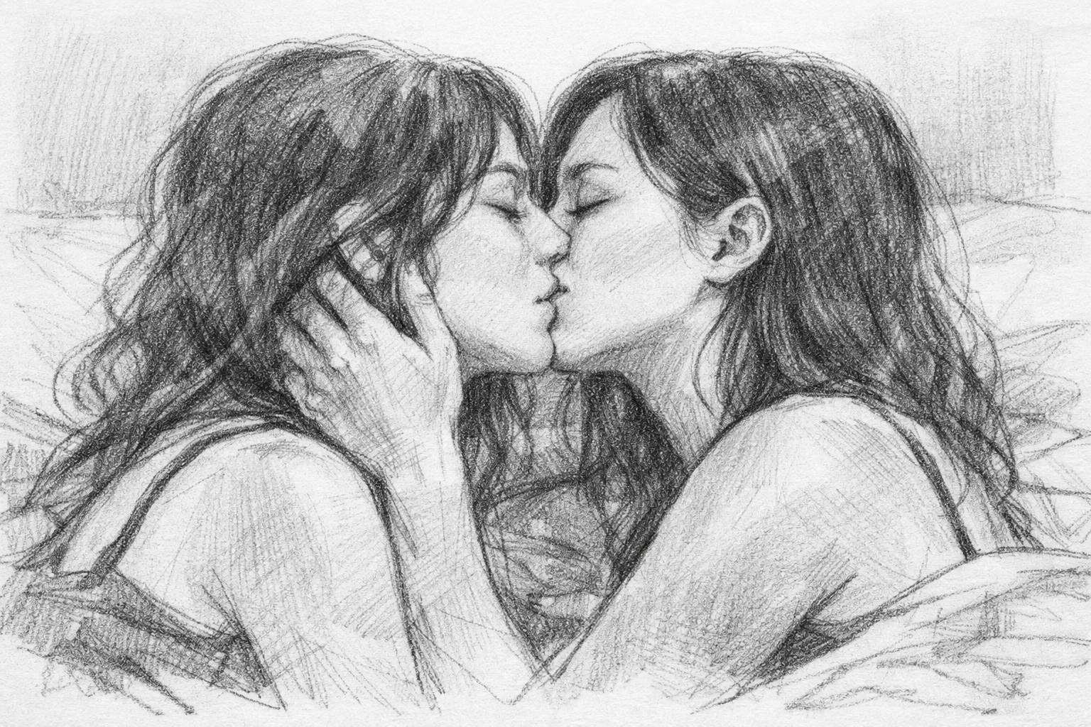 Black-and-white drawing of two women kissing tenderly, symbolizing emotional and physical intimacy.