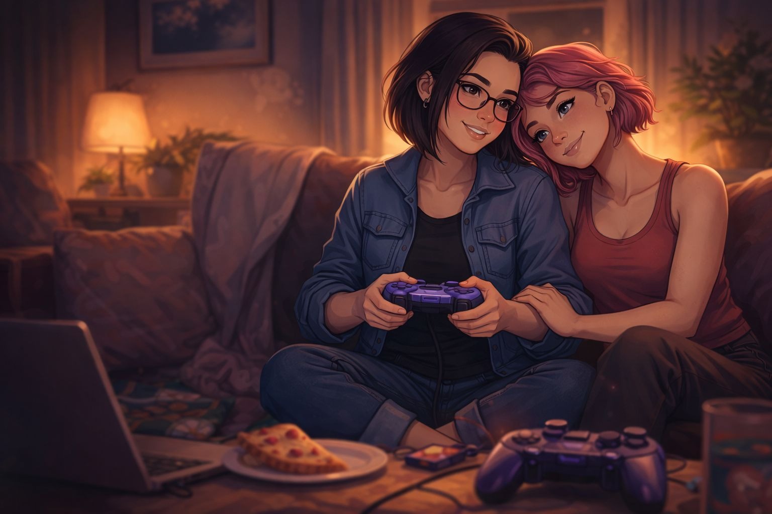 Two women sitting close on a couch playing video games together in a cozy, softly lit room.