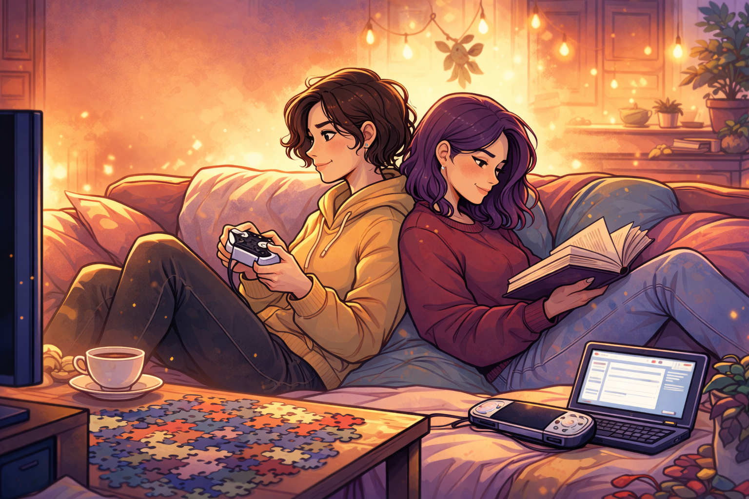 Sapphic couple sitting side by side on a sofa, one reading and one gaming in quiet intimacy.