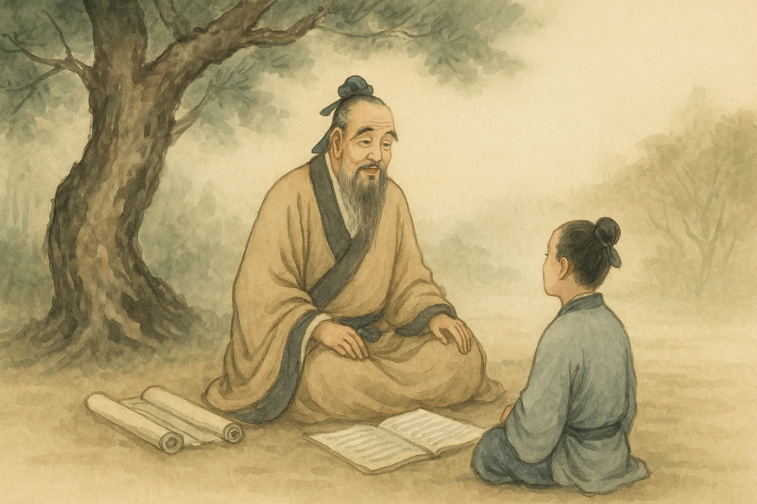 Confucius under a tree listening to a younger student—symbolizing wisdom passed through the ages