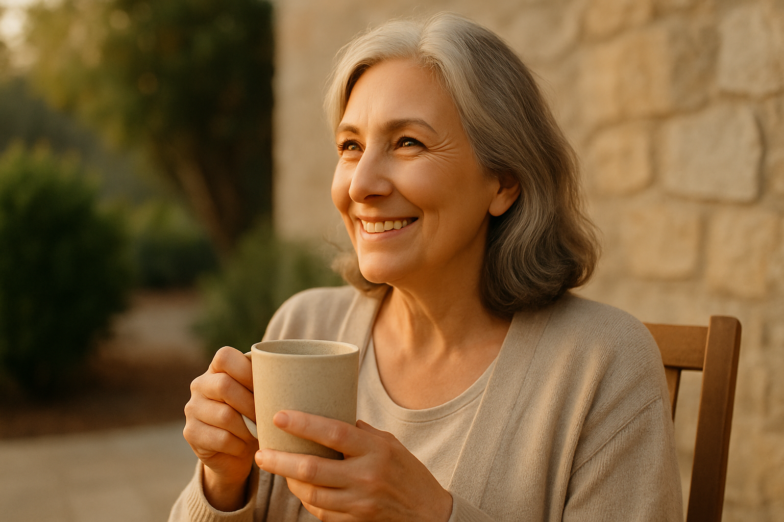 A woman in her 60s sitting outside in early morning light, sipping tea and smiling quietly.