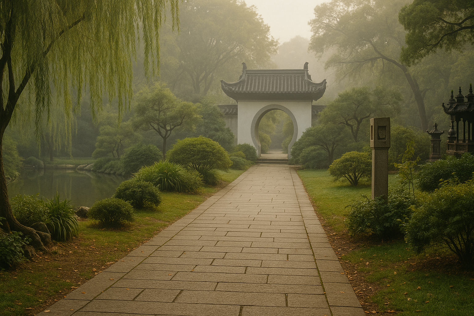 A serene path through a classical Chinese garden, morning mist —symbolizing of growth and balance