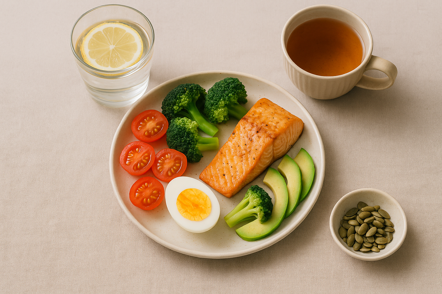 Colorful, healthy meal: vegetables, salmon, eggs, herbal tea and a glass of water with lemon. 