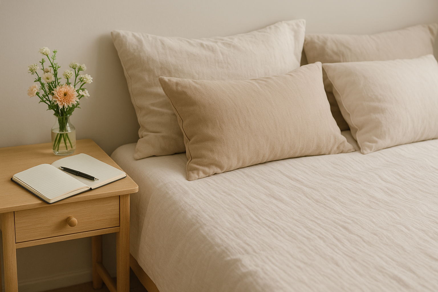 Cozy recovery space: a bed with soft pillows, a notebook and pen on a nightstand, and a small vase.