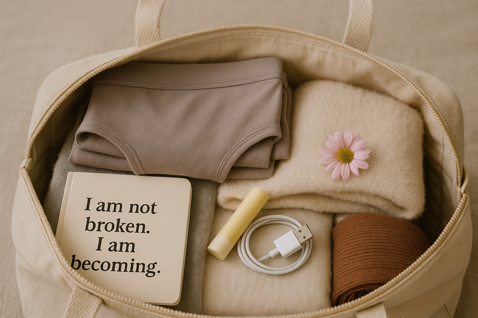 A neatly packed hospital bag with soft clothing, lip balm, a charger and a tiny flower