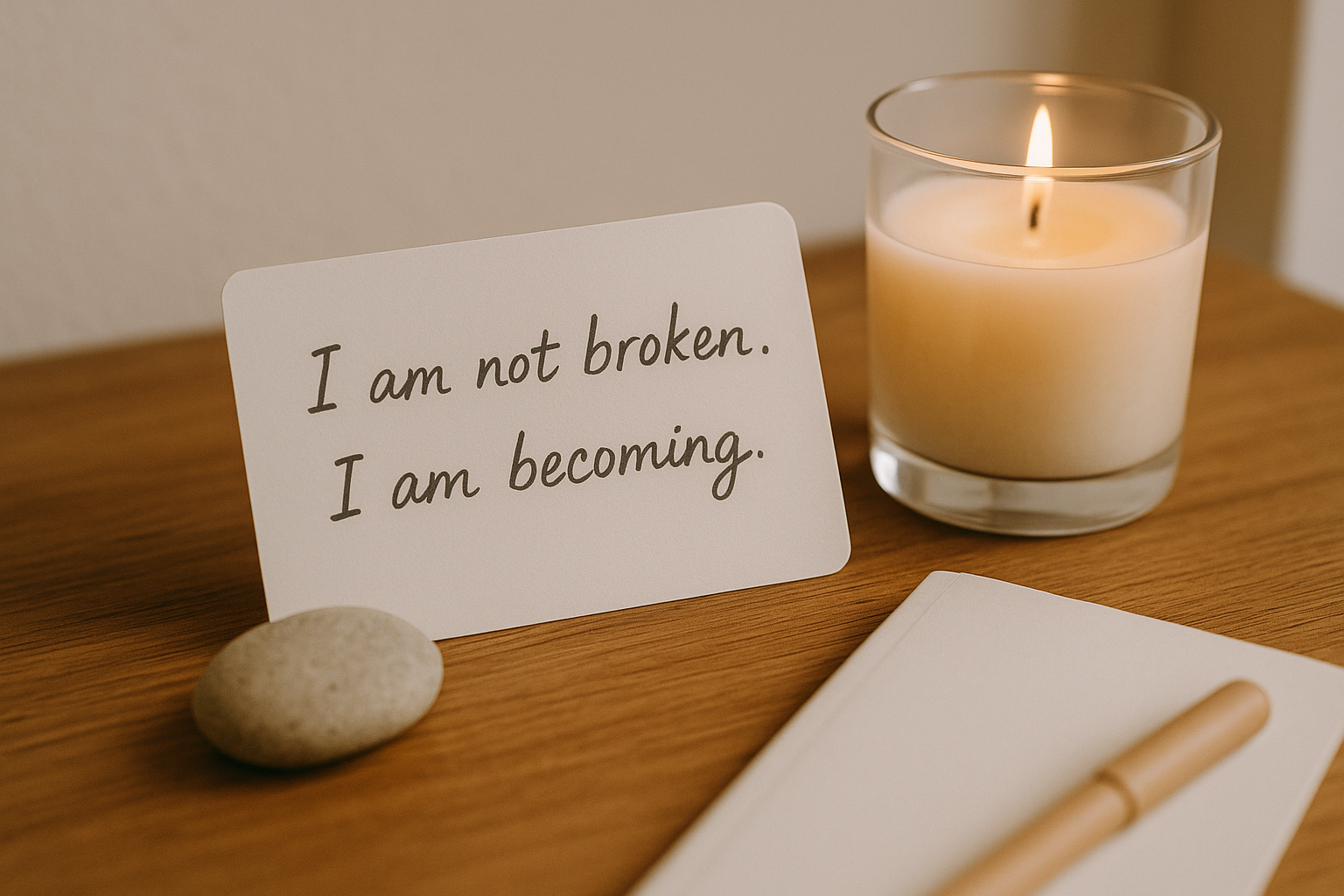 A hand-written note on a bedside table “I am not broken. I am becoming.” next to a candle.