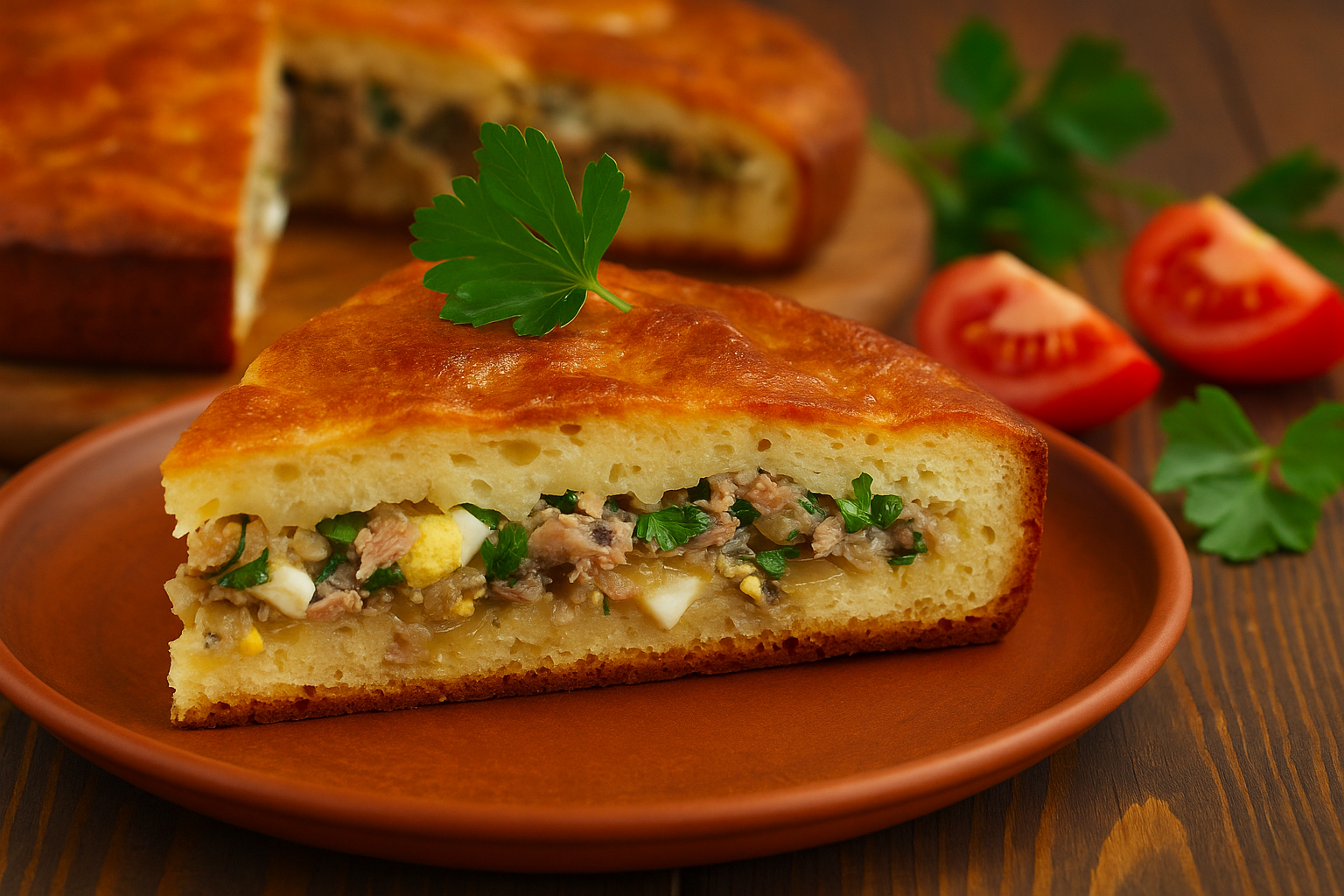 delicious piece of pie with tuna and eggs