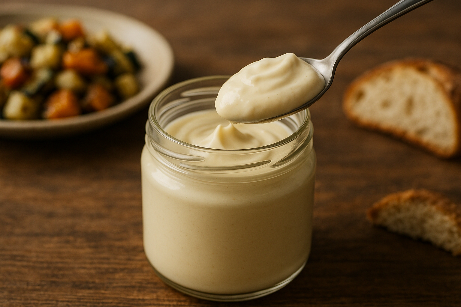 A spoon scooping a dollop of velvety mayonnaise from the jar.