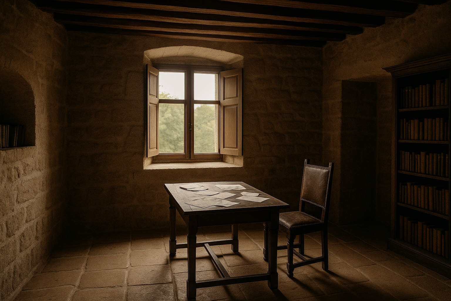 a stone room with wooden beams, an open window, scattered papers.