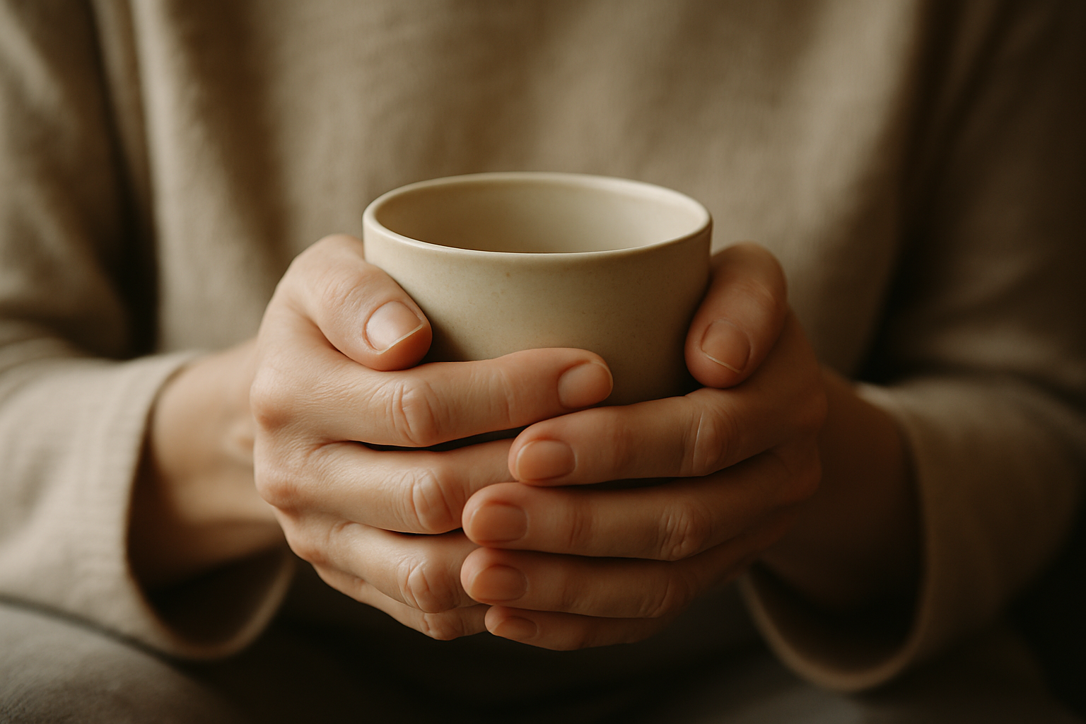 a close-up of hands wrapped around a cup, soft light on skin.