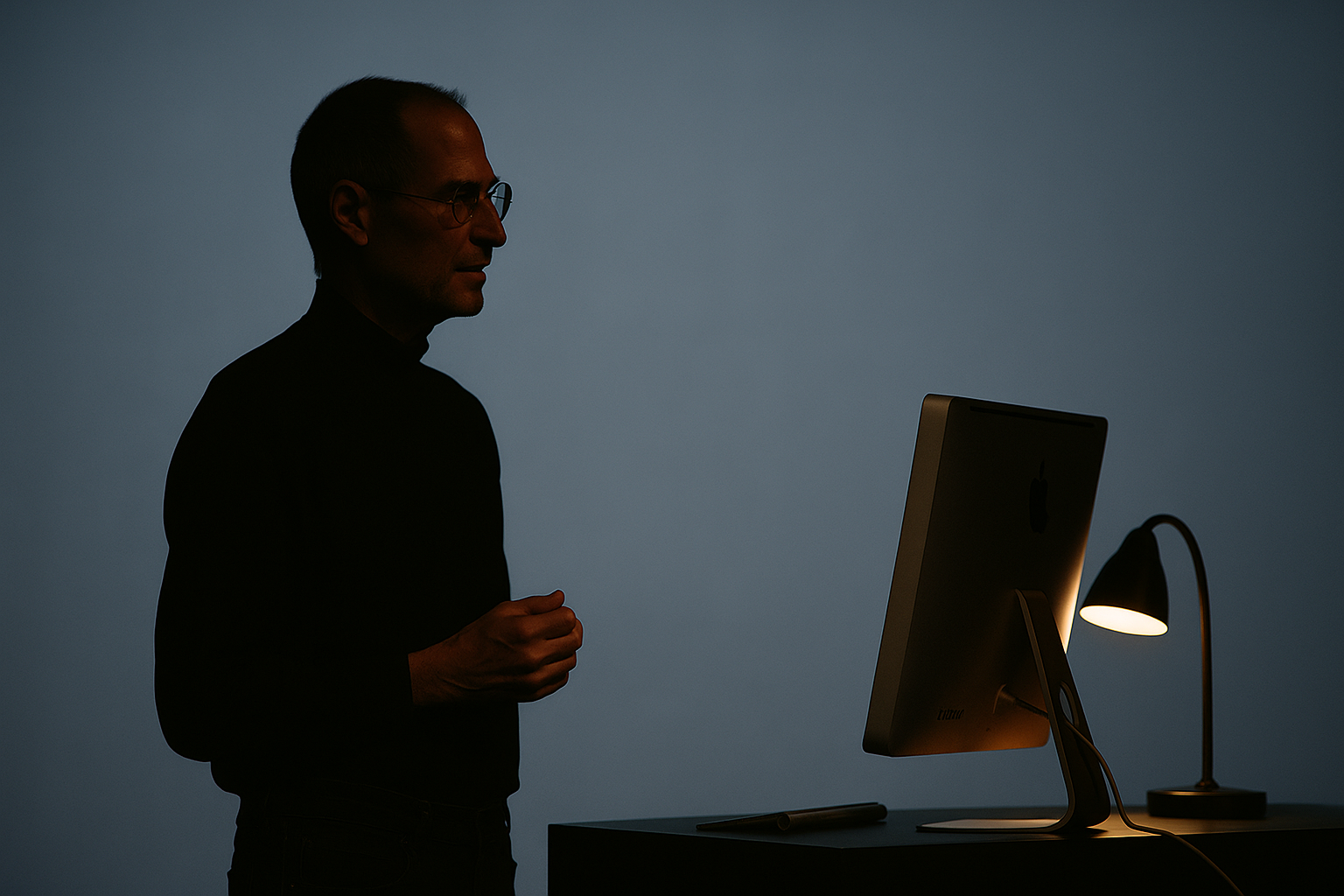 Steve Jobs silhouette onstage or his famous desk with the single lamp