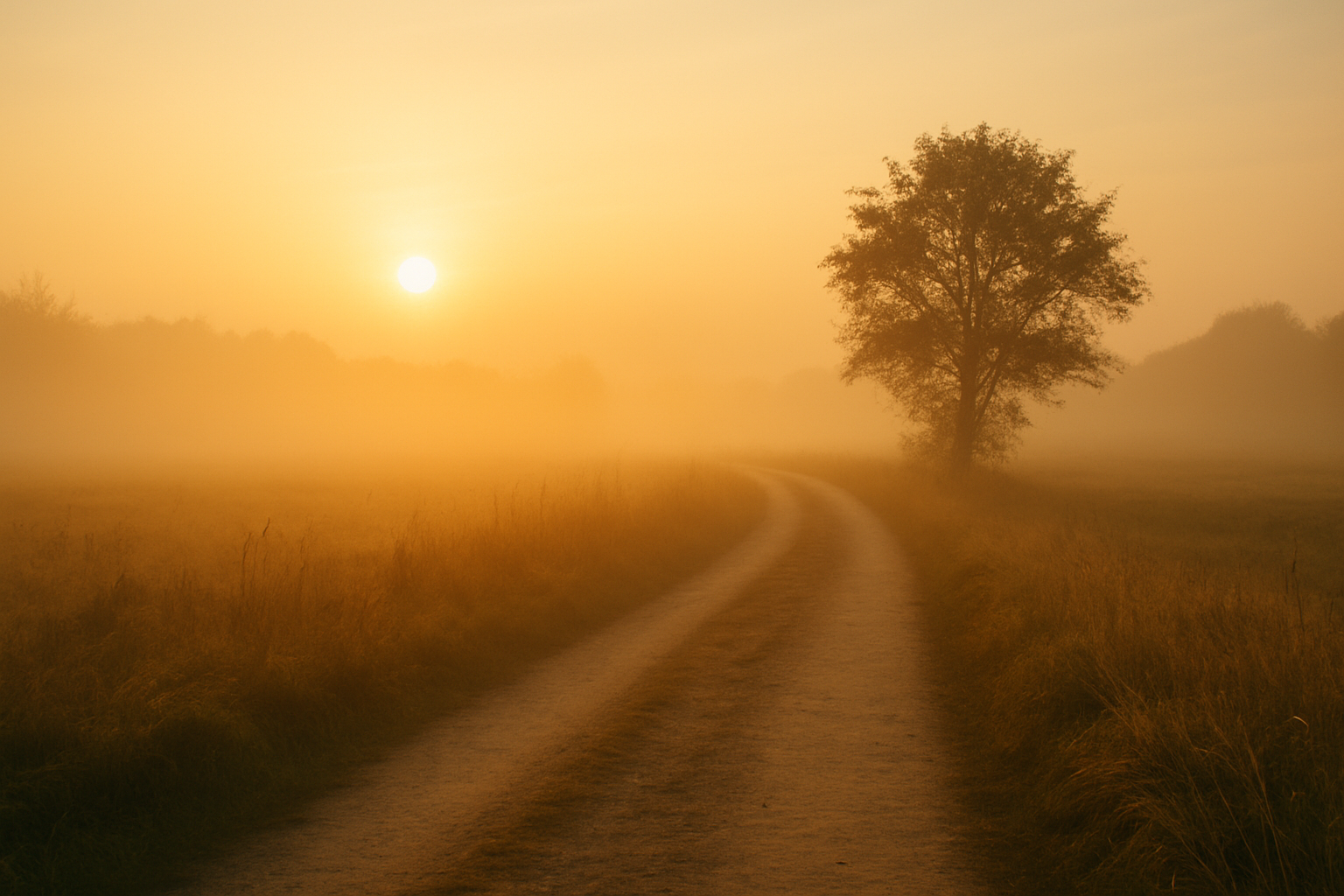 early morning path, soft golden light. A sense of quiet simplicity and new beginnings.