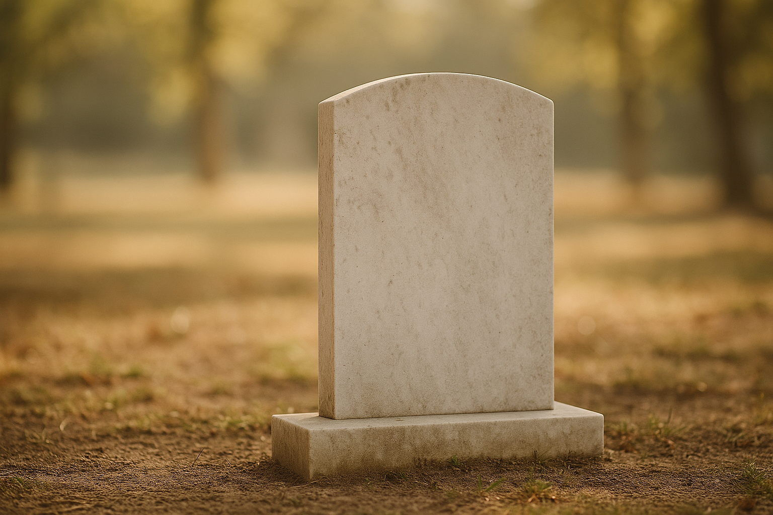 a simple marble tombstone with soft natural light; peaceful, poetic, minimal.