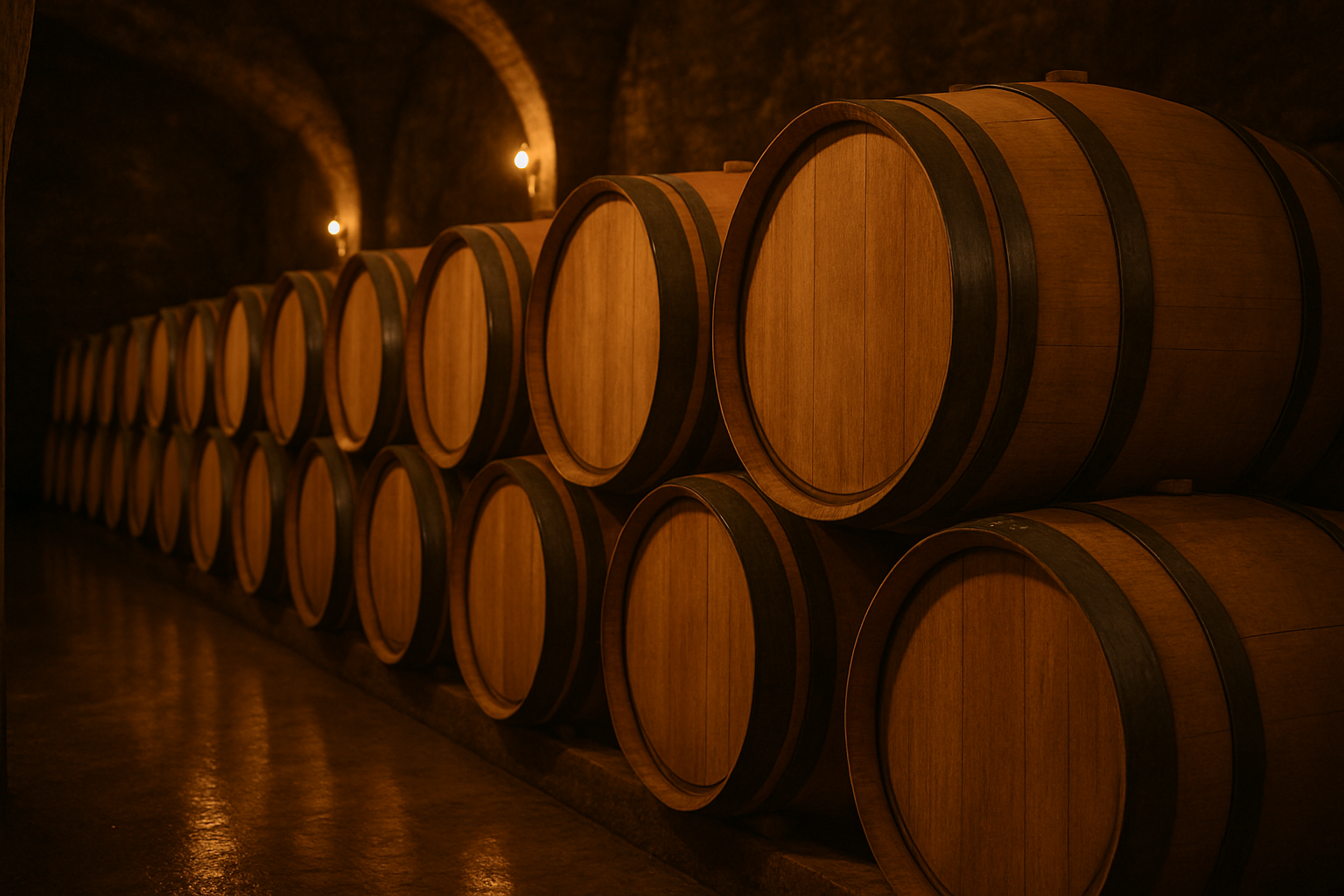 Oak barrels in a wine cellar