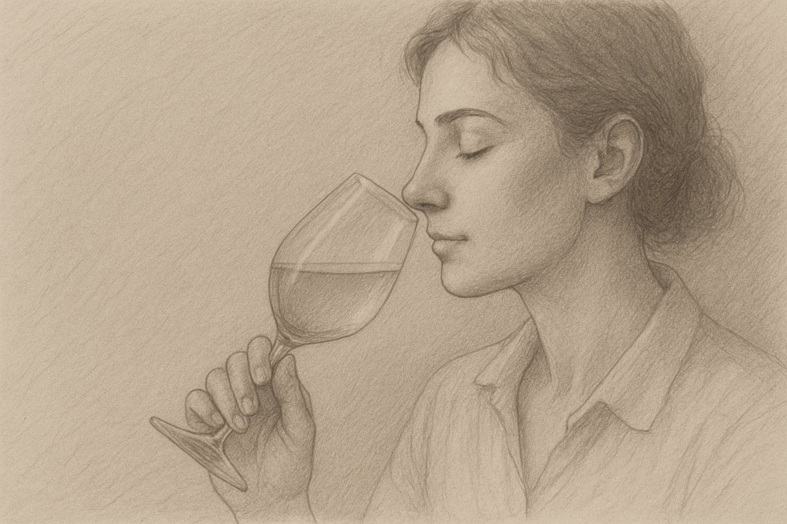A sketch of a woman smelling a glass of wine, eyes closed, lost in thought – sensory, reflective