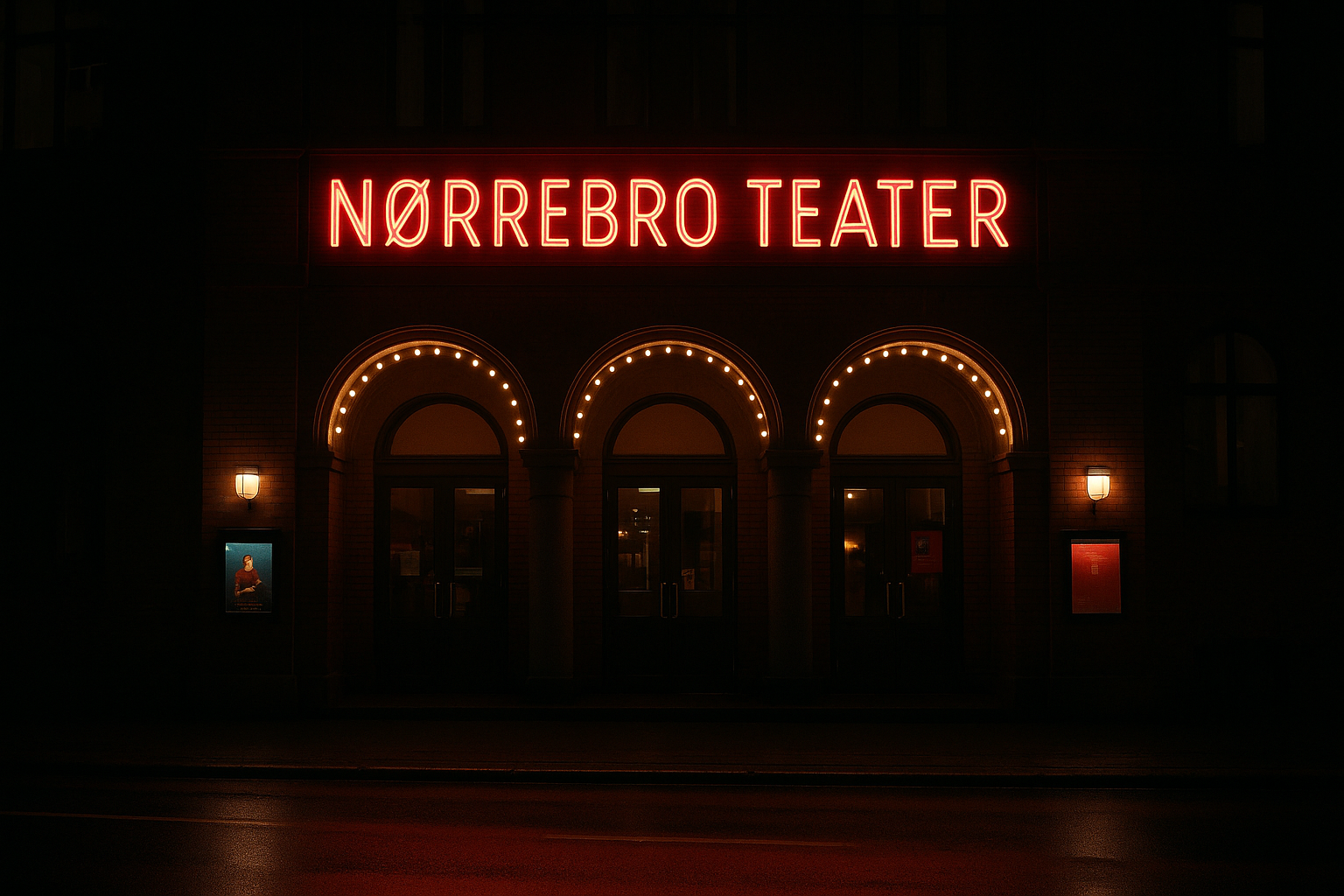 Nørrebro Teater entrance at night, inviting and slightly dramatic atmosphere
