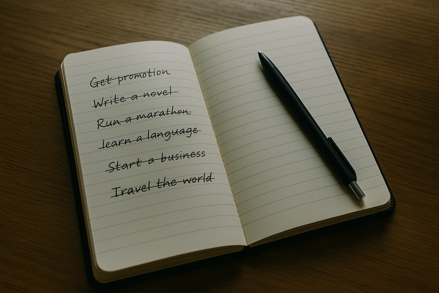 An old notebook with goals crossed out symbolising outdated ambitions.