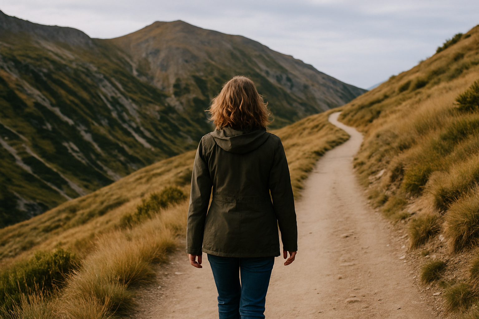 A woman walking along a mountain path symbolising transition, ambiguity, possibility.]