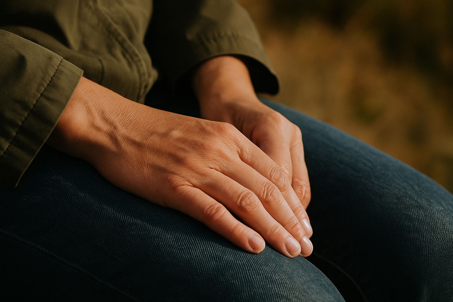 A close-up of hands resting in the lap - sitting still with uncomfortable thoughts.