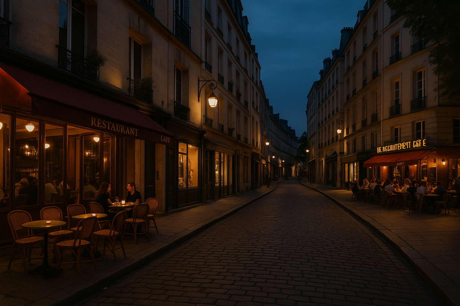 Parisian street at dusk, warm café lights glowing, a sense of quiet adventure in the air