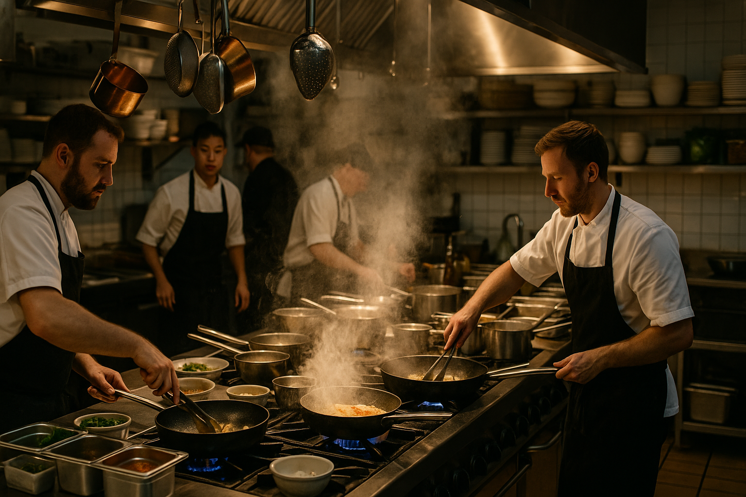 bustling restaurant kitchen—steam rising, chefs in motion, vibrant and slightly chaotic atmosphere