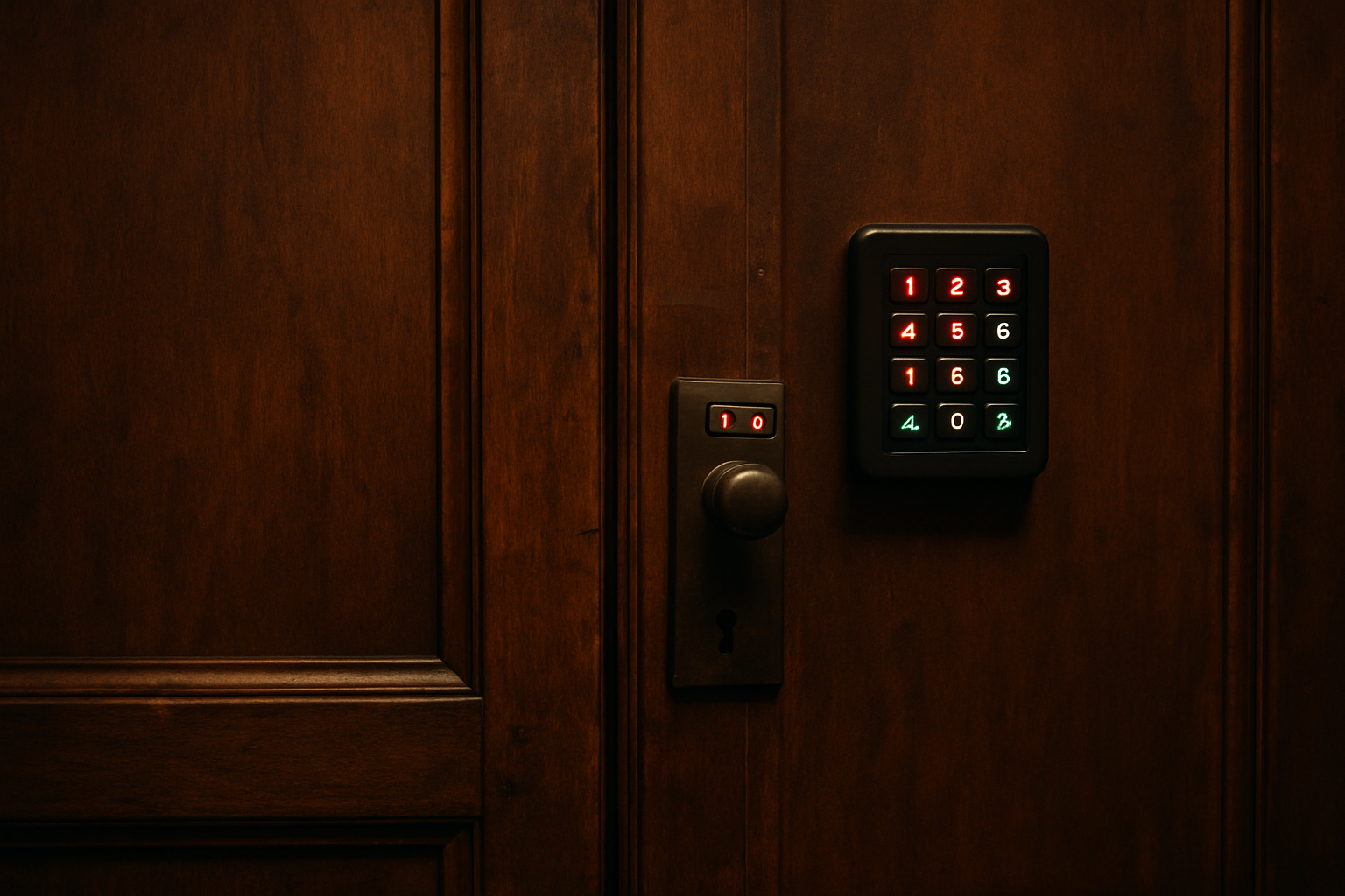 An old wardrobe door with a small, modern keypad glowing red and green, adding a mysterious contrast