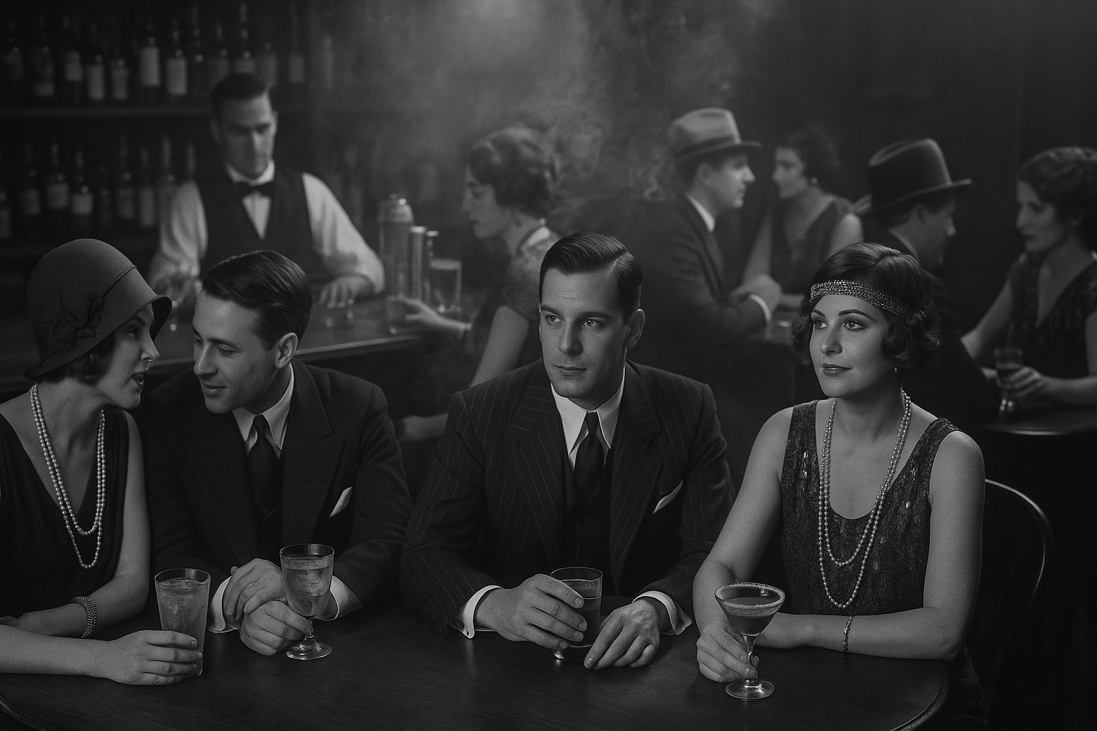 Black-and-white photo of a 1920s Speakeasy—elegantly dressed men and women in a smoky, secretive bar
