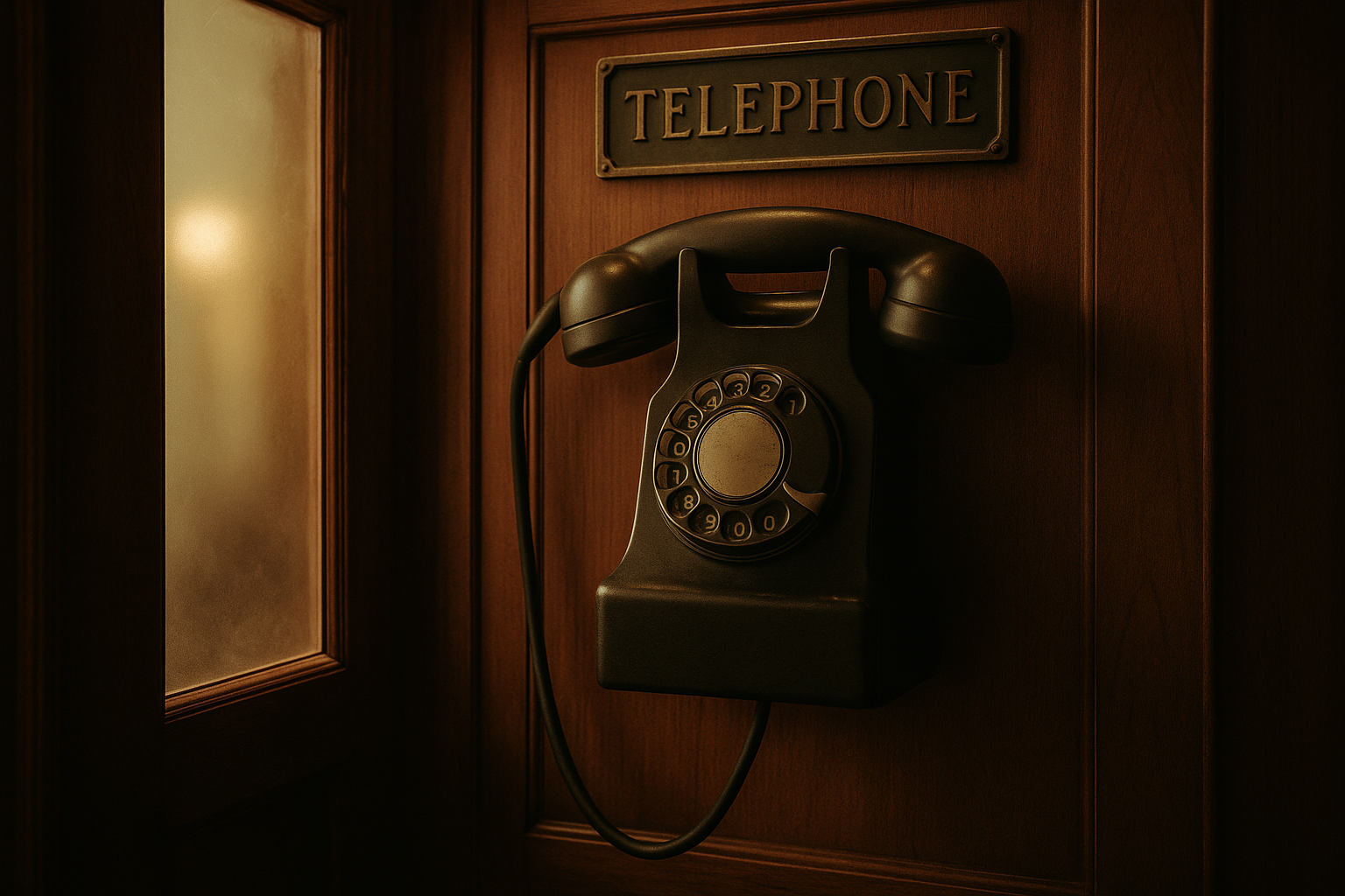 A vintage phone booth in soft lighting, with an old rotary phone and a hint of mystery around it.