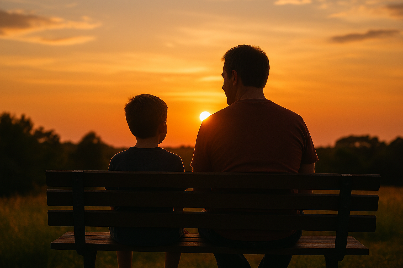 Father and son sit on a bench at sunset. A sense of quiet intimacy and curiosity
