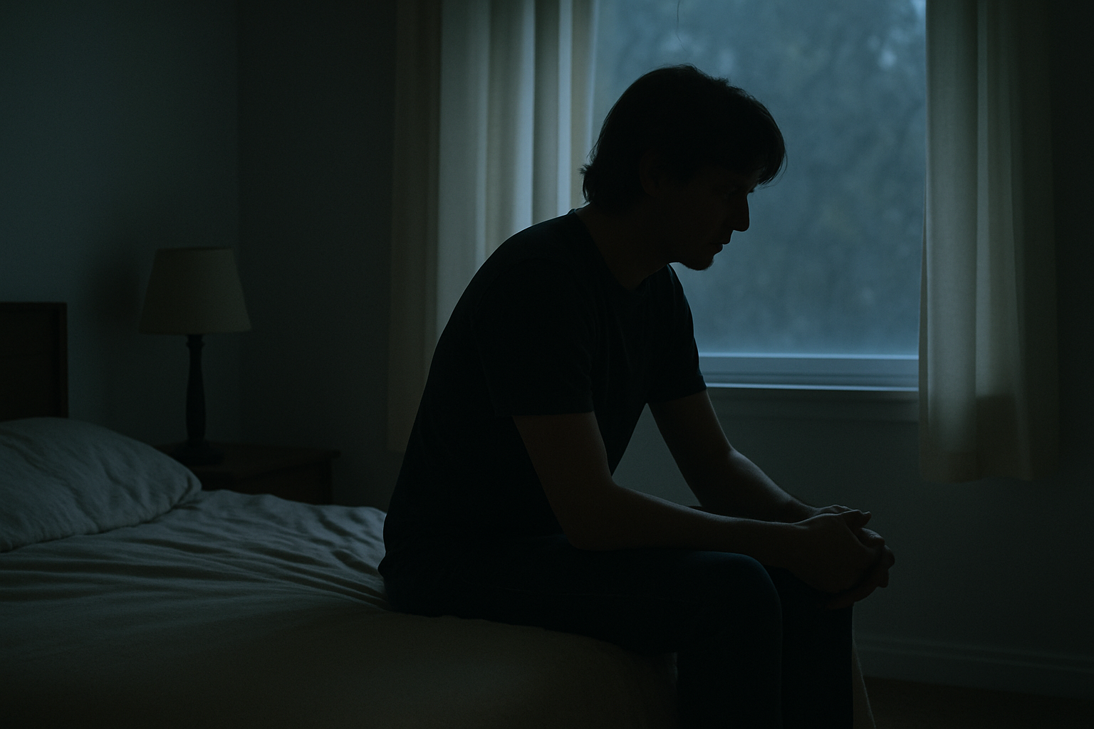 A person sitting on the bed at night looking thoughtful and uncertain