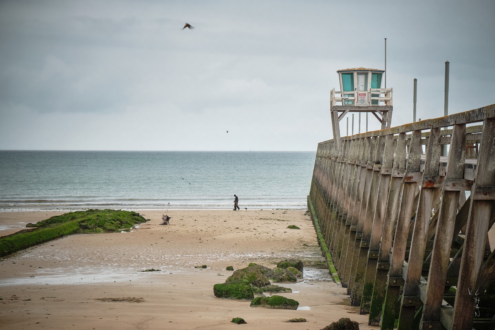 a person walking on a beach near a wooden pier