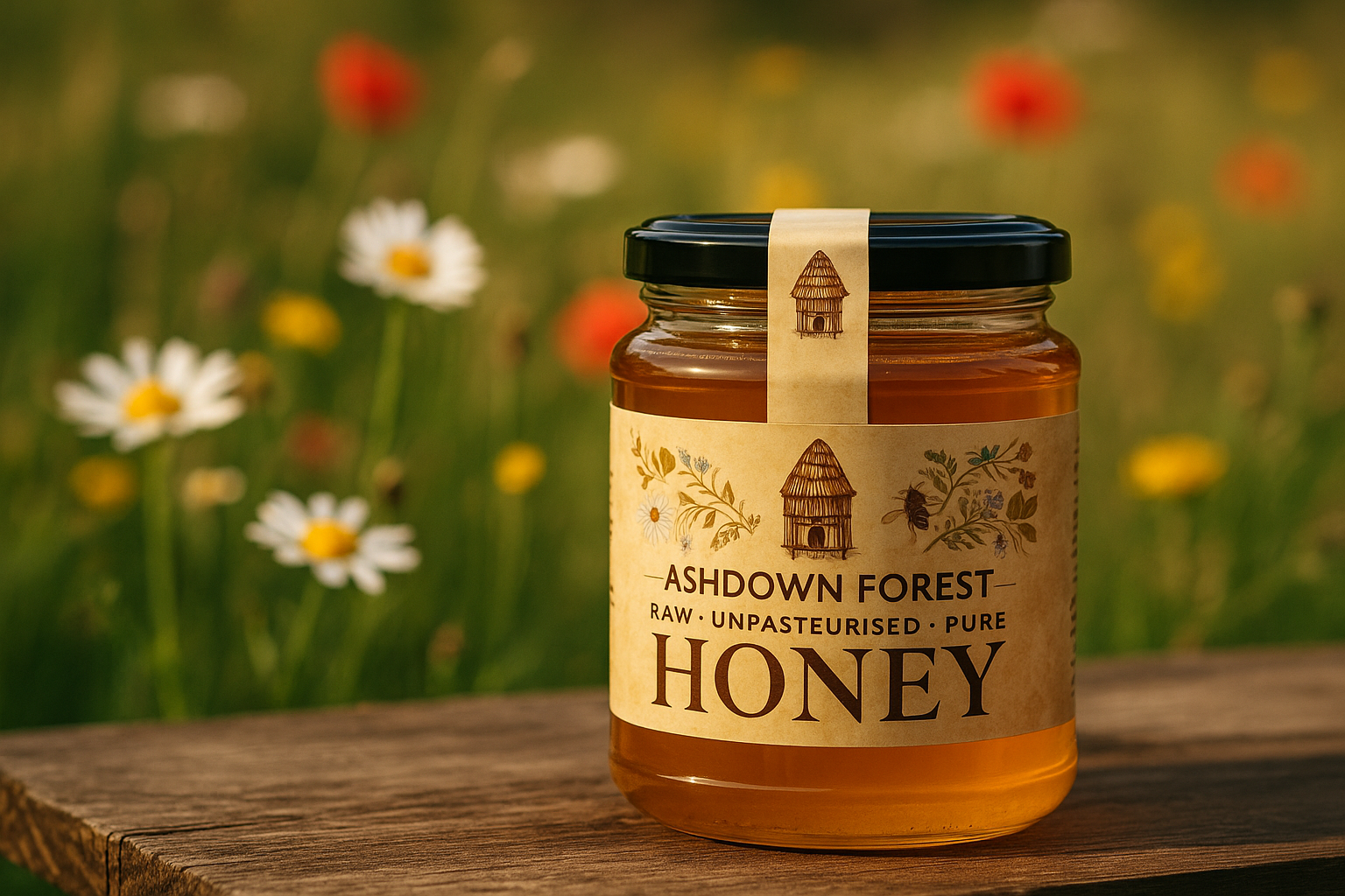 A jar of summer harvest honey with a background of flowers