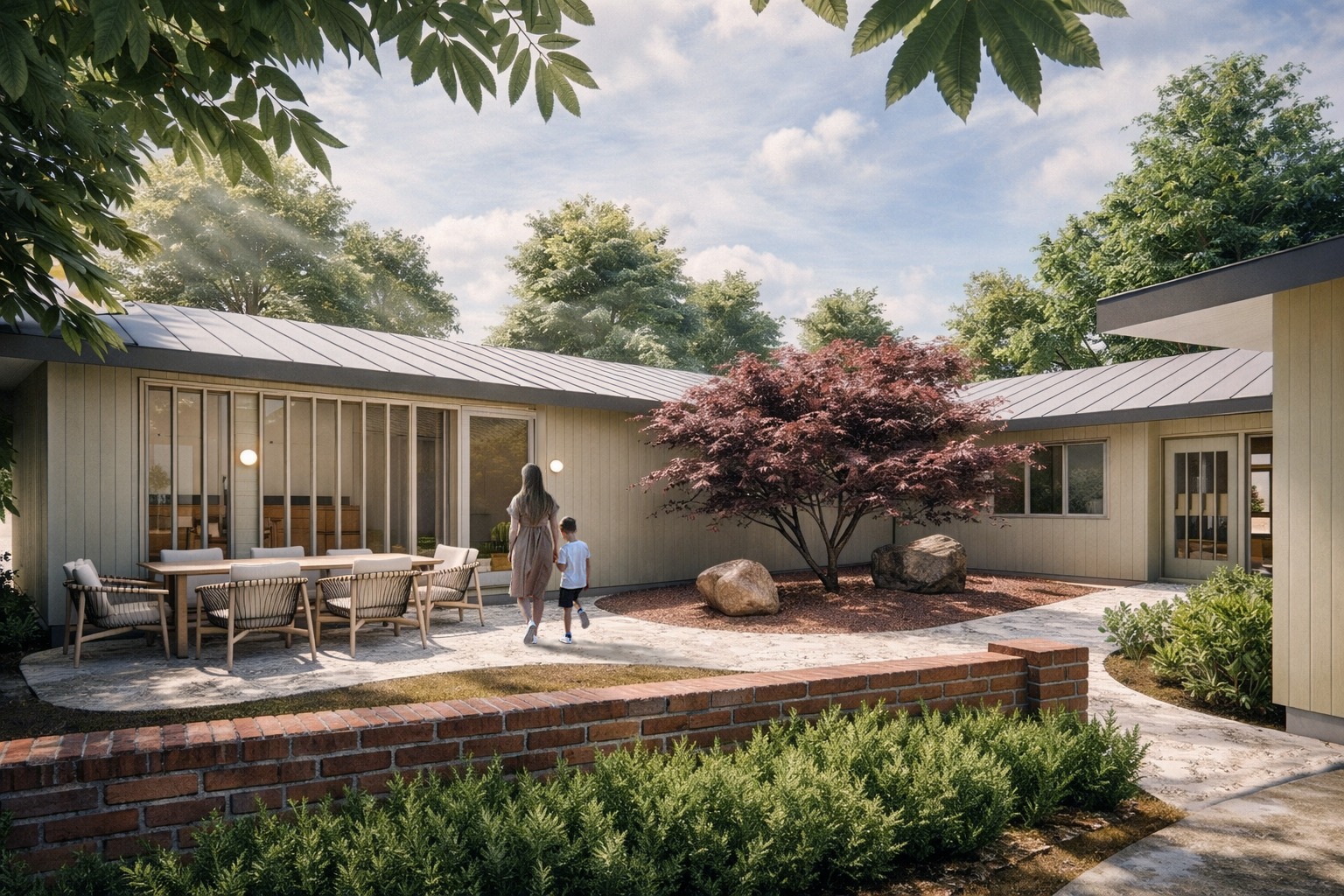 Mid-century rambler featuring a landscaped patio with outdoor dining and a red Japanese maple tree.