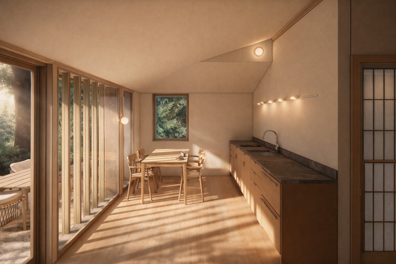 Warm minimalist kitchen and dining area with warm wood furniture and soft natural sunlight.