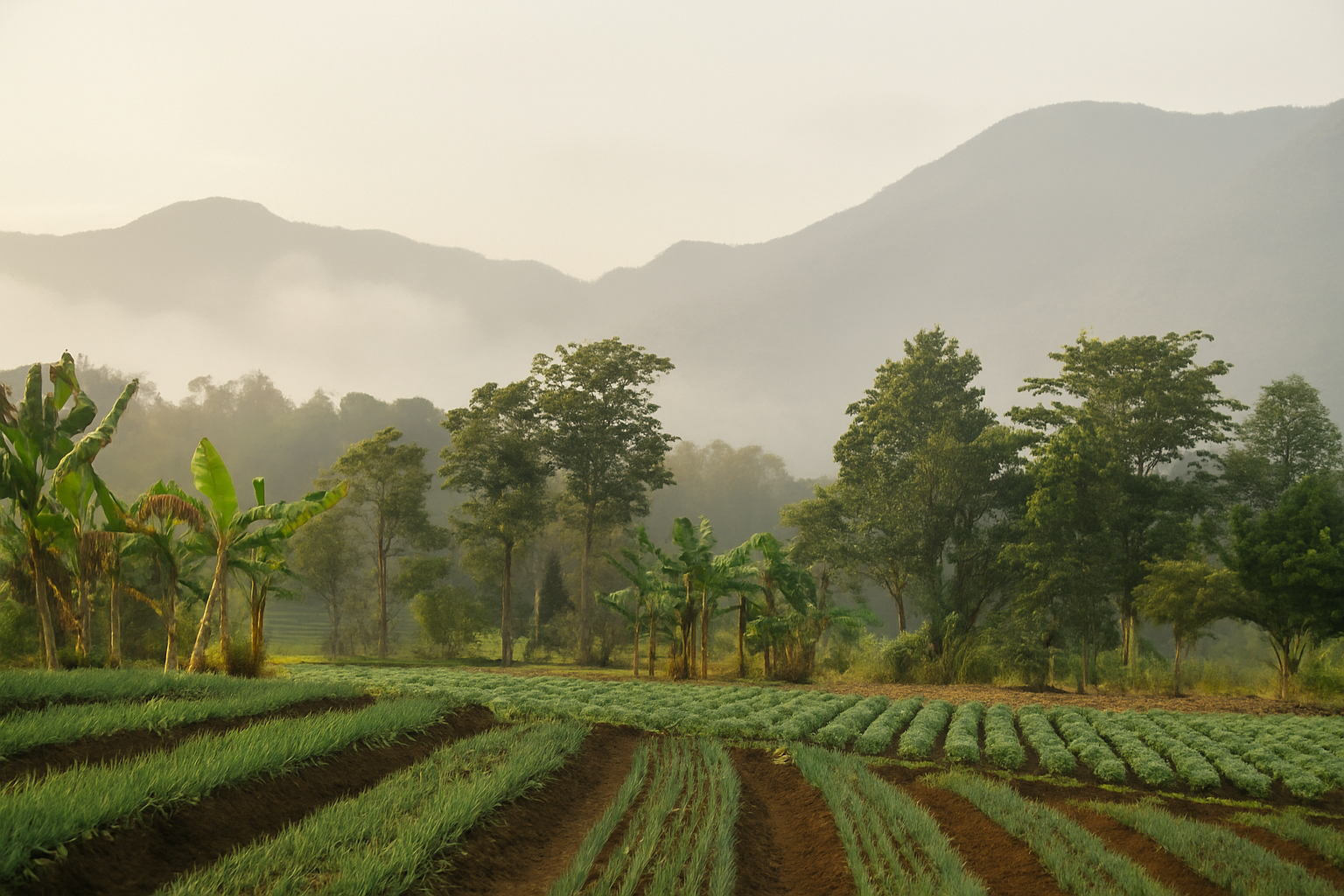 a lush Colombian field with a mountain in the background