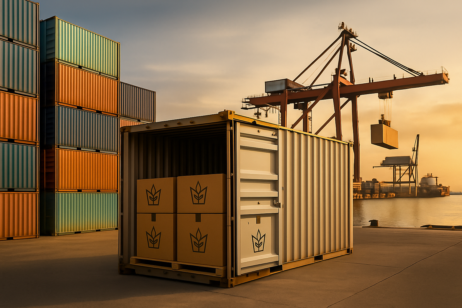 a container container with a crane in the background