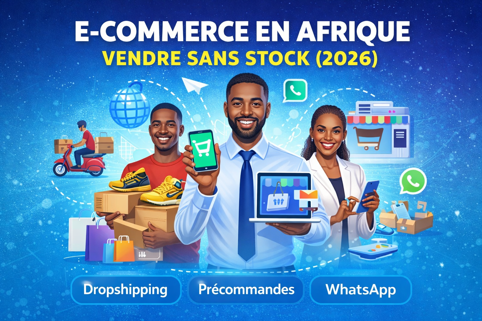 Illustration e-commerce en Afrique 2026 vendre en ligne sans stock via dropshipping, précommande et