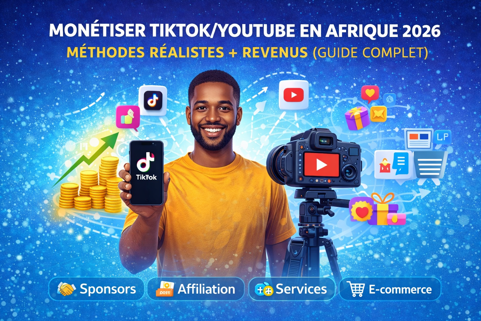 Monétiser TikTokYouTube en Afrique 2026 créateur africain, smartphone TikTok, caméra YouTube, vues