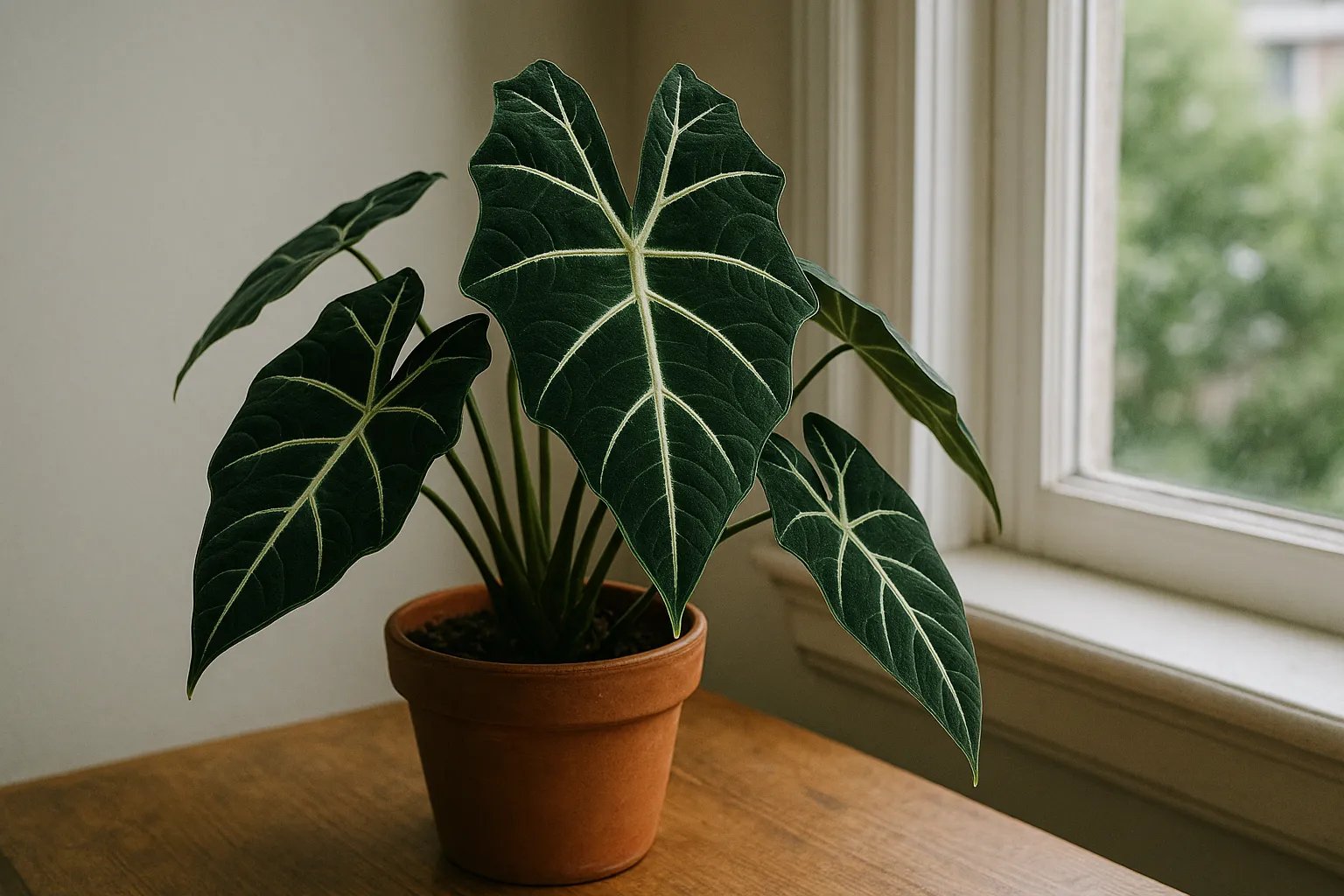 Alocasia Frydek con hojas de terciopelo verde oscuro y venas blancas.