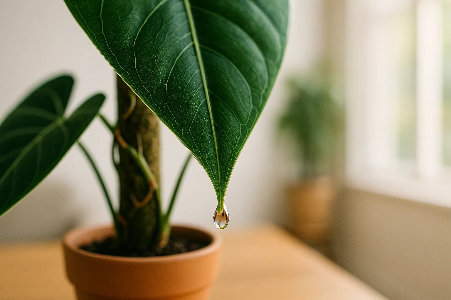 Gota de agua en la punta de una hoja de Alocasia (fenómeno de gutación).